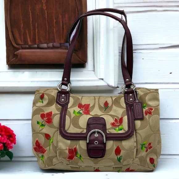 Coach Handbags - 💰EUC Coach Khaki Burgundy Campbell Signature Belle Carryall Tote